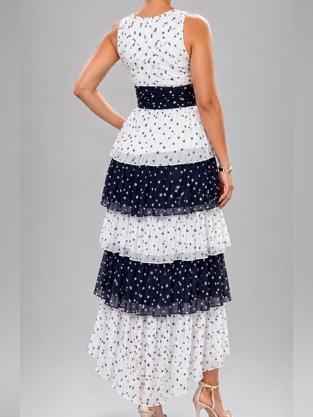 🆕✨ 1.STATE Polka Dot Tiered Maxi Dress Size 14 White Navy Chiffon Casual Party - Picture 3 of 17